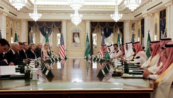 U.S. President Joe Biden participates in a bilateral meeting with Saudi Arabias Crown Prince Mohammed bin Salman, at Al Salam Royal Palace, in Jeddah.