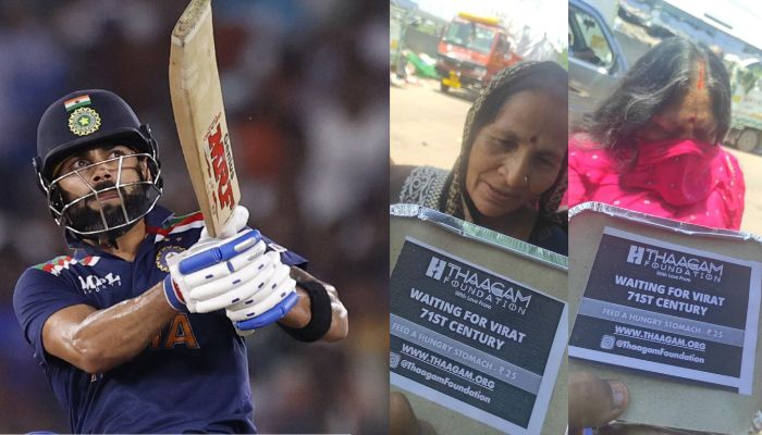 Virat Kohli (l), people receiving meals by Kohlis fans (r).— Reuters, Twitter