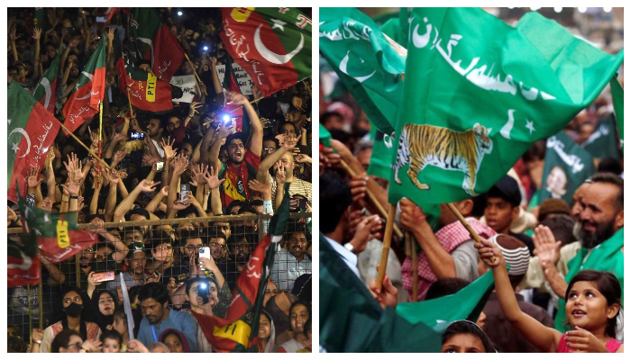 In these file photos, supporters of the PML-N and PTI can be seen waving the flags of their respective parties during separate rallies. — Reuters