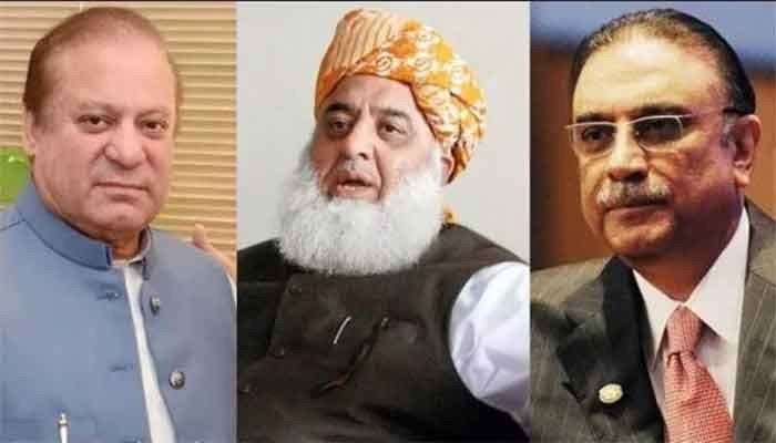 (From left to right) PML-N supremo Nawaz Sharif, PPPs Asif Zardari and JUI-Fs Maulana Fazlur Rehman. - Geo.tv