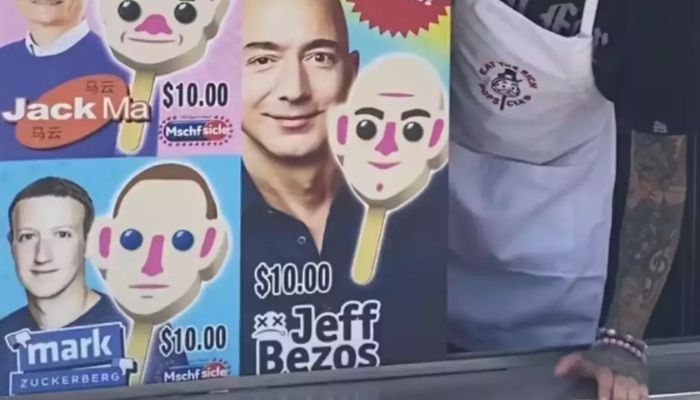 ‘Eat the Rich’ with popsicles shaped like the heads of billionaires Jeff Bezos, Bill Gates, Jack Ma, Elon Musk and Mark Zuckerberg. — Screengrab via Twitter