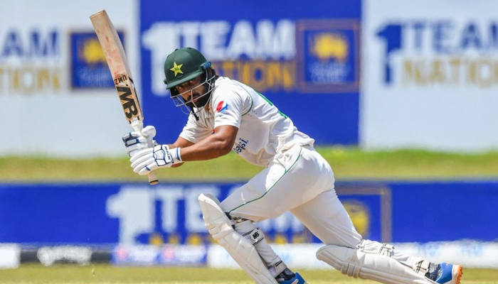 Pakistans Abdullah Shafique hits a shot at the Galle International Stadium in Galle against Sri Lanka, on July 19, 2022. — Twitter/TheRealPCB