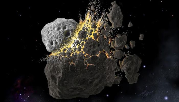 This illustration shows a giant asteroid collision between Mars and Jupiter that occurred 466 million years ago and produced the dust that led to an ice age on Earth. Reuters