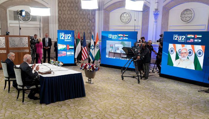 US President Joe Biden (right) and Israel’s caretaker Prime Minister Yair Lapid take part in a virtual meeting with leaders from the UAE and India on July 14, 2022. Photo: AFP