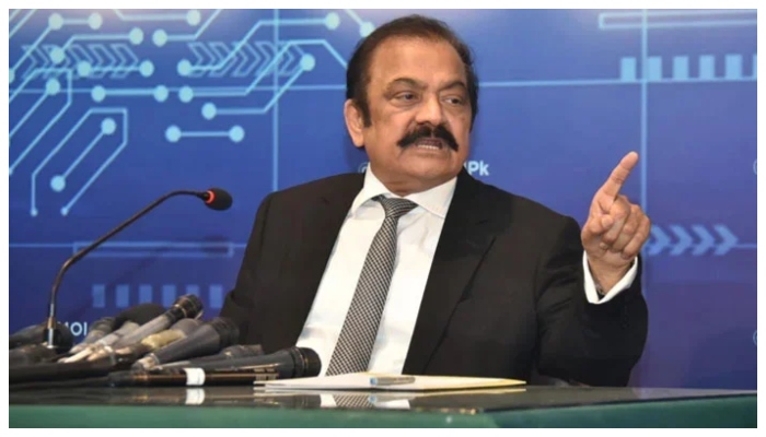 Minister for Interior Rana Sanaullah addressing a press conference in Islamabad. — PID/File