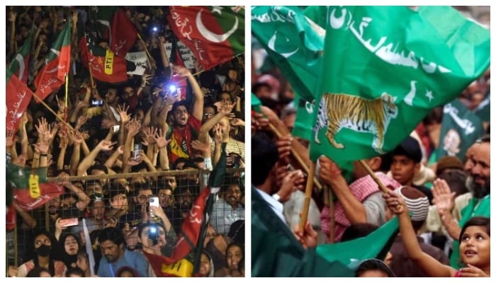 In these file photos, supporters of the PML-N and PTI can be seen waving the flags of their respective parties during separate rallies. — Reuters/File