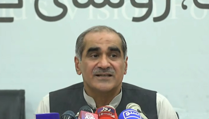 Minister for Railways Khawaja Saad Rafique addressing a press conference in Lahore on July 19, 2022. — Screengrab via YouTube/ Hum News Live