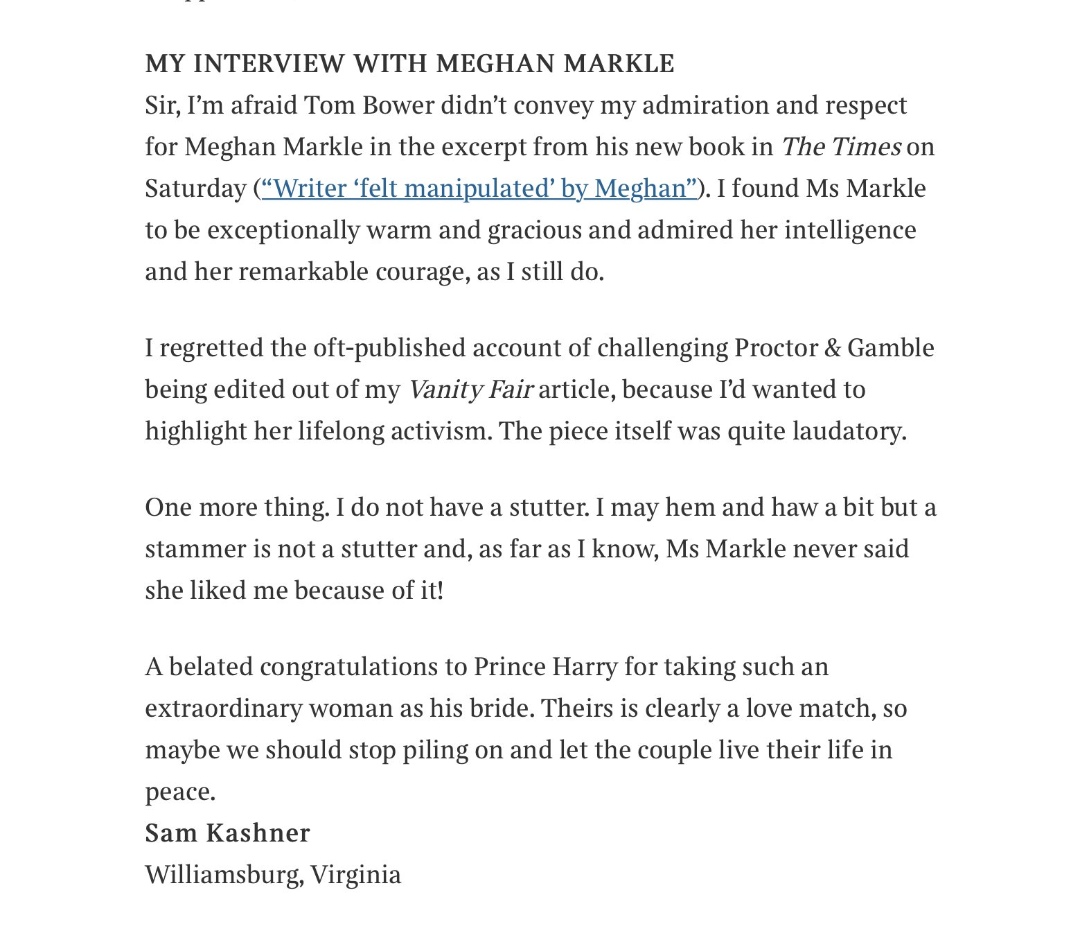 Journalist denies Tom Bowers negative account of his experience interviewing Meghan Markle