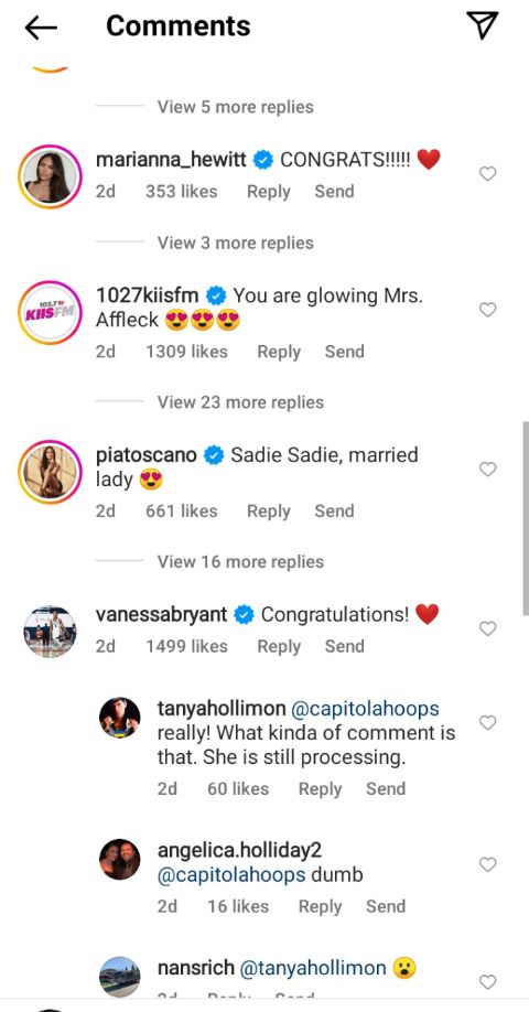 Vanessa Bryant congratulates Jennifer Lopez and Ben Affleck on their wedding
