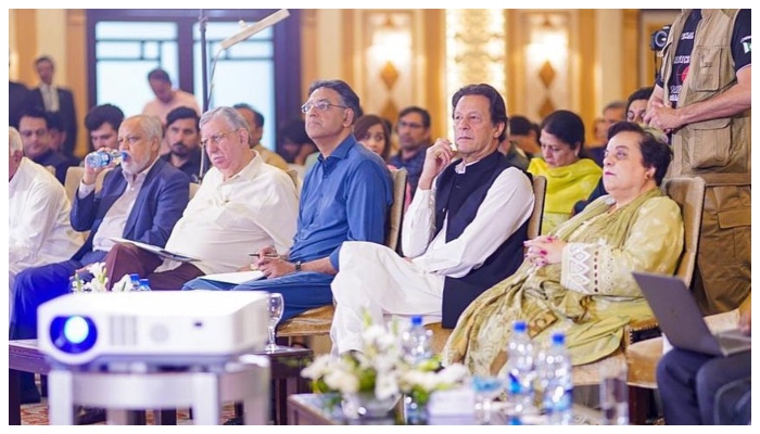 Former finance minister Shaukat Tarin (from second left to right) Asad Umar, Imran Khan, and Shireen Mazari. — Instagram