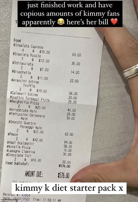 Kim Kardashian splurged at an Italian restaurant in Australia