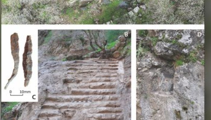 Here we see the (A) Rabana sanctuary; (B) a staircase at the site; (C) iron arrowheads; and (D) altar (scales = 1 meter) —Rabana-Merquly Archaeological Project; Antiquity Journal Ltd.
