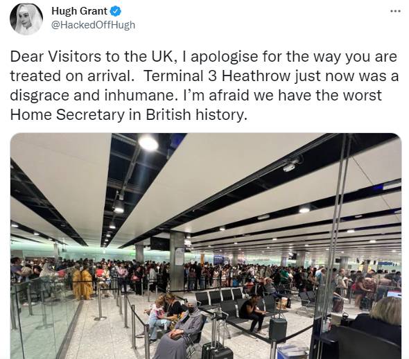 Hugh Grant condemns UK Home Secretary over ‘inhumane’ immigration queue