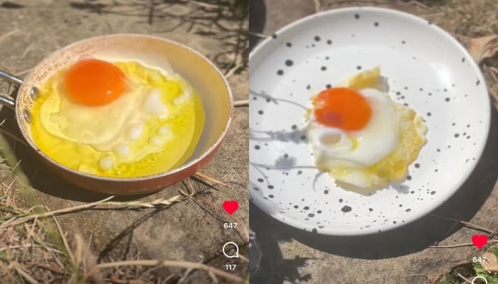 Wanita Inggris menggoreng telur di bawah Matahari untuk menunjukkan gelombang panas Inggris