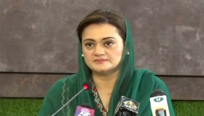 Information Minister Marriyum Aurangzeb speaking during a news conference.— APP