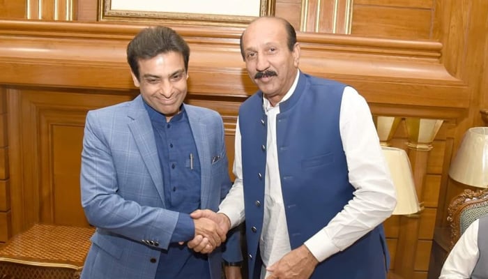 PML-Ns candidate from PP-7 Rawalpindi (right) Raja Sagheer shakes hands with Chief Minister Punjab Hamza Shahbaz in this undated photo. — Facebook