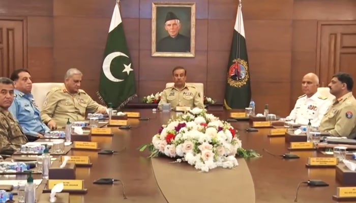 Chairman Joint Chiefs of Staff Committee (CJCSC) General Nadeem Raza (centre0 chairs a meeting of the militarys top brass at the Joint Staff Headquarters (JSHQ) in Rawalpindi, on July 22, 2022. — ISPR