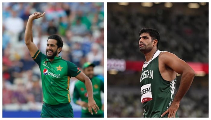 Pacer Hasan Ali (left) andPakistani olympian Arshad Nadeem. — Reuters/AFP/File