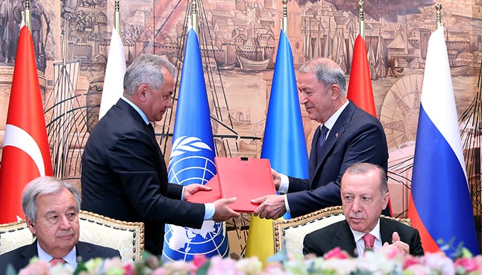 Russias Defence Minister Sergei Shoigu, UN Secretary-General Antonio Guterres, Turkish President Recep Tayyip Erdogan and Turkish Defence Minister Hulusi Akar attend a signing ceremony in Istanbul, Turkey July 22, 2022. — Reuters