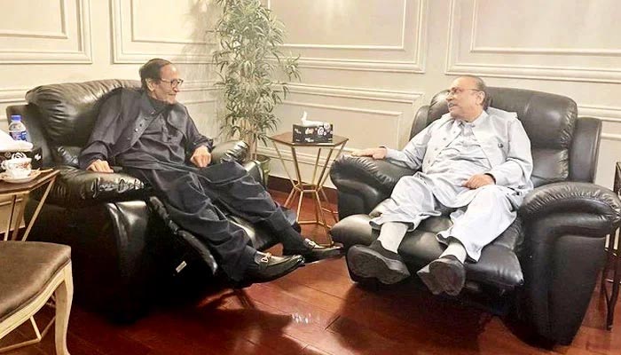 Veteran politicians Chaudhry Shujaat and Asif Zardari having a meeting in Lahore. — Twitter