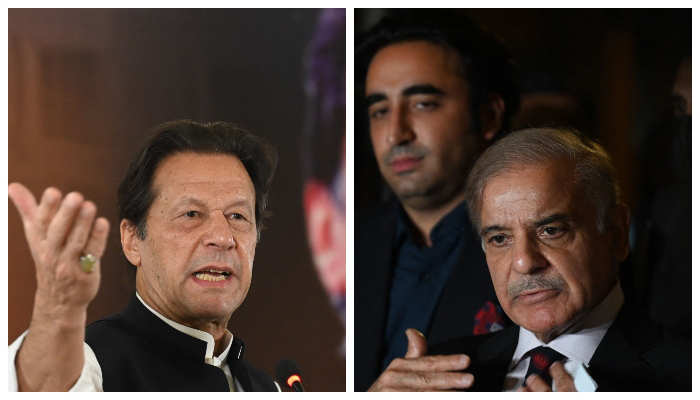 Ousted prime minister Imran Khan addresses an event on Regime Change Conspiracy and Pakistans Destabilisation in Islamabad on June 22, 2022 (left) and Prime Minister Shahbaz Sharif (front) speaks flanked by Bilawal Bhutto Zardari during a press conference with other parties leaders in Islamabad on April 7, 2022. — AFP