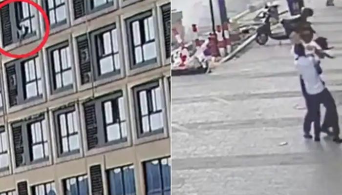 Video menunjukkan pria dengan gagah berani menyelamatkan nyawa gadis dari lantai lima jatuh