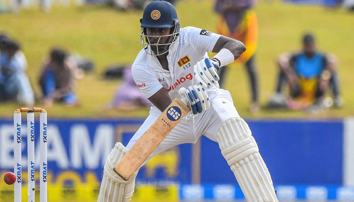 Sri Lanka’s Angelo Mathews plays a shot during the first day of the second cricket Test match between Sri Lanka and Pakistan on July 24, 2022. Photo: AFP