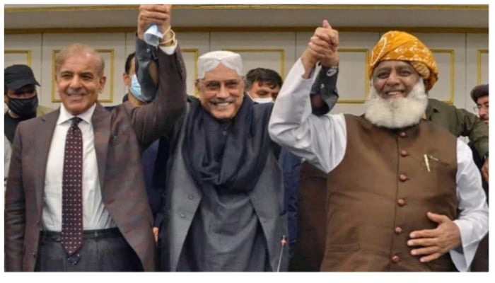 (Left to right): Prime Minister Shehbaz Sharif, PPP Co-chairman Asif Ali Zardari, and JUI-F chief Maulana Fazulr Rehman hold hands and pose together. — Twitter/ File