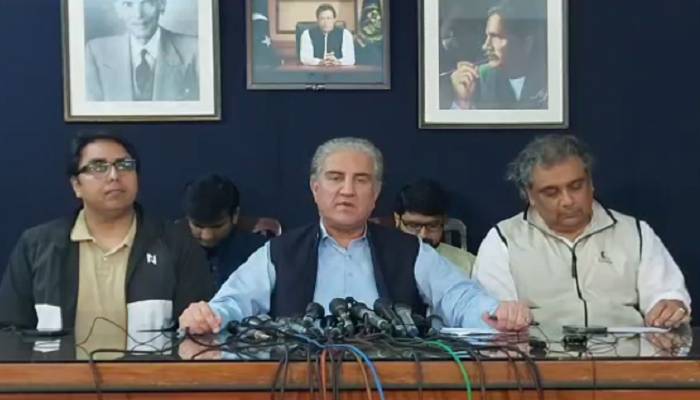 PTI leader Shahbaz Gill (L), Shah Mehmood Qureshi and Ali Zaidi during press conference.