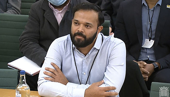 In this file video grab from footage broadcast by the UK Parliament´s Parliamentary Recording Unit (PRU) taken on November 16, 2021 former Yorkshire cricketer Azeem Rafiq testifies in front of a Digital, Culture, Media and Sport (DCMS) Committee in London as MPs probe racial harassment at the club. — AFP