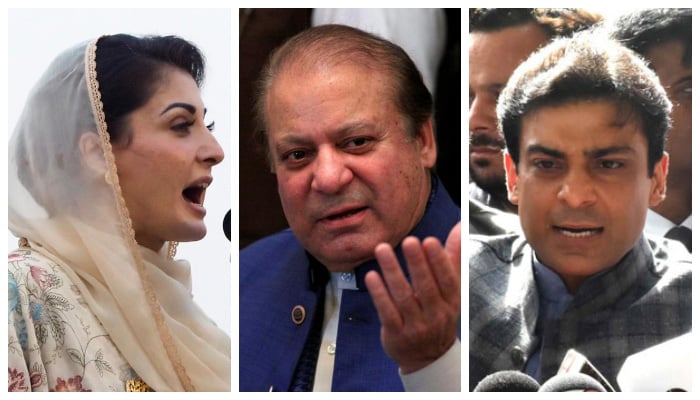 (L to R) PML-N Vice President Maryam Nawaz addressing a jalsa in this undated photo and Nawaz Sharif, former Prime Minister and leader of PML-N gestures during a news conference in Islamabad, Pakistan May 10, 2018, and former chief minister Hamza Shahbaz addressing a press conference in this undated photo. — Reuters/PPI