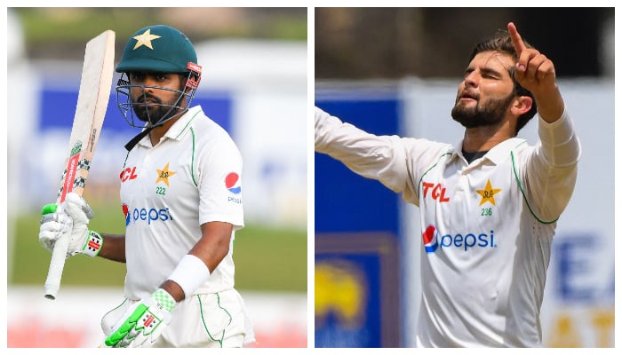 Pakistans Babar Azam walks back to the pavilion after his dismissal during the fourth day of the first cricket Test match between Sri Lanka and Pakistan at the Galle International Cricket Stadium in Galle on July 19, 2022 (left) and Pakistans Shaheen Shah Afridi celebrates after taking the wicket of Sri Lankas Niroshan Dickwella (not pictured) during the first day of the first cricket Test match between Sri Lanka and Pakistan at the Galle International Cricket Stadium in Galle on July 16, 2022. — AFP