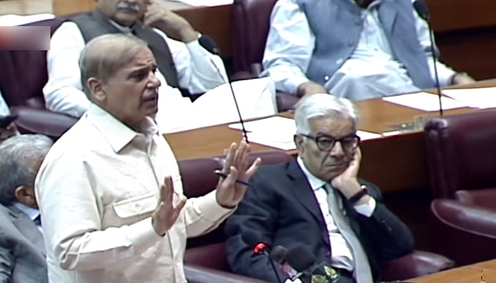 Prime Minister Shehbaz Sharif addressing the National Assembly session in Islamabad on July 27, 2022. — Screengrab/ Hum News Live