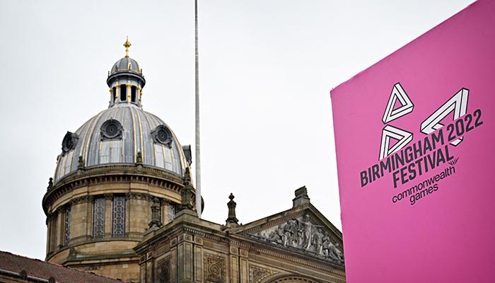 Commonwealth Games branding is pictured in Birmingham, central England, on July 26, 2022, ahead of the Commonwealth Games. The Commonwealth Games is set to run from July 28 to August 8. — AFP