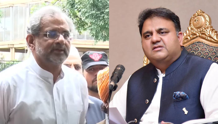 Senior PML-N leader Shahid Khaqan Abbasi speaks to journalists in Islamabad, on July 29, 2022 (left) and Minister for Information and Broadcasting Fawad Chaudhry addresses a press conference in Islamabad in this undated photo. — YouTube/PTVNewsLive/PID