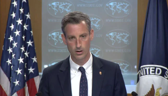US State Department spokesperson Ned Price speaking during a press briefing. — US State Department YouTube screengrab.