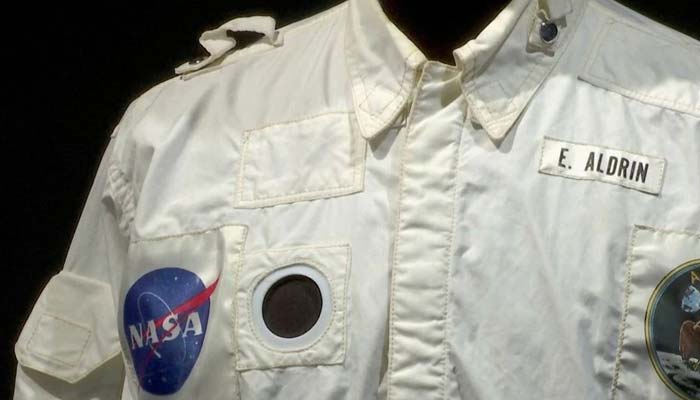 A view of a detail of Buzz Aldrins flown inflight coverall jacket, worn by him on his mission to the Moon and back during Apollo 11, that was sold for $2,772,500 at Sothebys, in New York City, US July 21, 2022 in this screengrab from a video.—Reuters