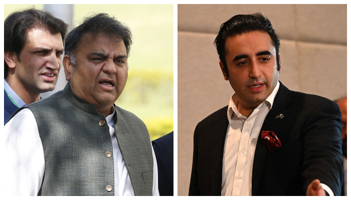 PTI leader Fawad Chaudhry leaves the Supreme Court building aftrer a hearing in Islamabad, on April 7, 2022 (left) and Foreign Minister Bilawal Bhutto Zardari arrives to address a press conference in Islamabad on July 25, 2022. — Online/AFP