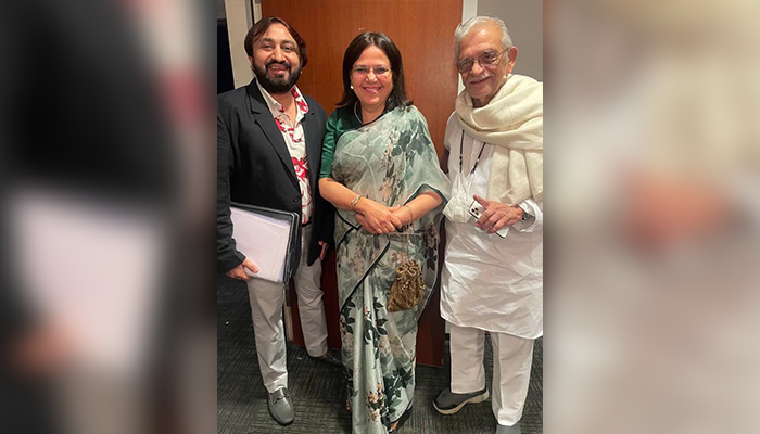 Ajay Jain, Rukshanda Jalil and Gulzar: Getting ready for Dallas. — Ajay Jain