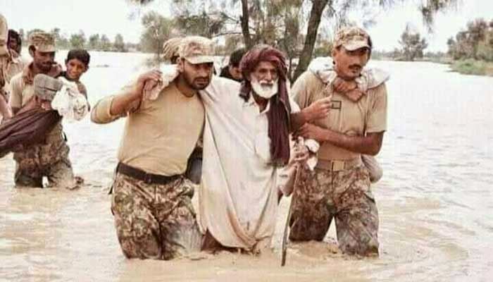Pakistan Army troops rescue stranded flood victims in Balochistan in this ISPR file photo.