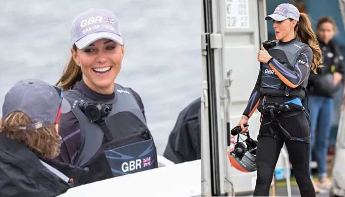 Kate Middleton shows off her athletic physique as she helps steer Britain to victory over NZ in sailing race