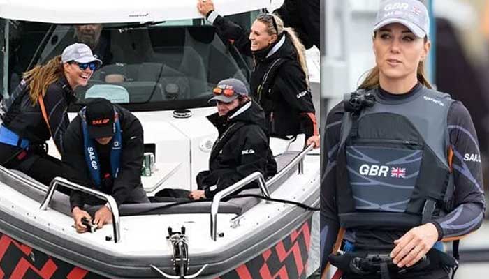 Kate Middleton shows off her athletic physique as she helps steer Britain to victory over NZ in sailing race