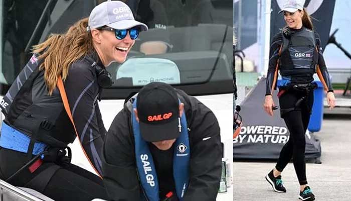 Kate Middleton shows off her athletic physique as she helps steer Britain to victory over NZ in sailing race