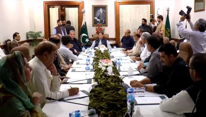 PTI Chairman Imran Khan chairs a meeting of party MPs in Lahore. —Courtesy PTI Lahore
