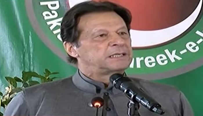PTI Chairman Imran Khan addressing partys national council in Islamabad on August 1, 2022. — Screengrab via YouTube/ Geo News Live