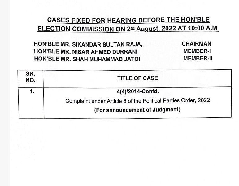 The cause list released by the Election Commission of Pakistan.