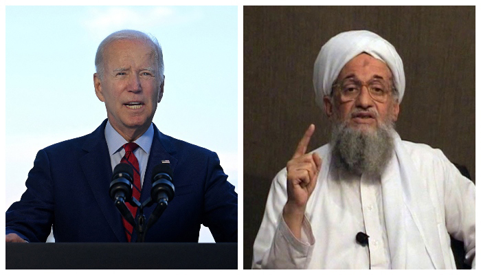 US President Joe Biden addresses the nation on the killing of Al Qaeda leader Ayman al-Zawahiri in a US drone strike, in Washington, US August 1, 2022 (left) and A still file image from a video released by Al-Qaedas media arm as-Sahab and obtained on June 8, 2011 courtesy of the Site Intelligence Group shows Ayman al-Zawahiri as he gives a eulogy for slain al-Qaeda leader Osama bin Laden in a video. — Reuters/AFP