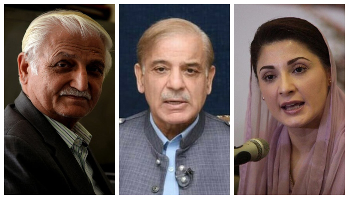 (L to R) PPP leader Farhatullah Babar, Prime Minister Shehbaz Sharif, and PML-N Vice President Maryam Nawaz. — Twitter/PID/Reuters