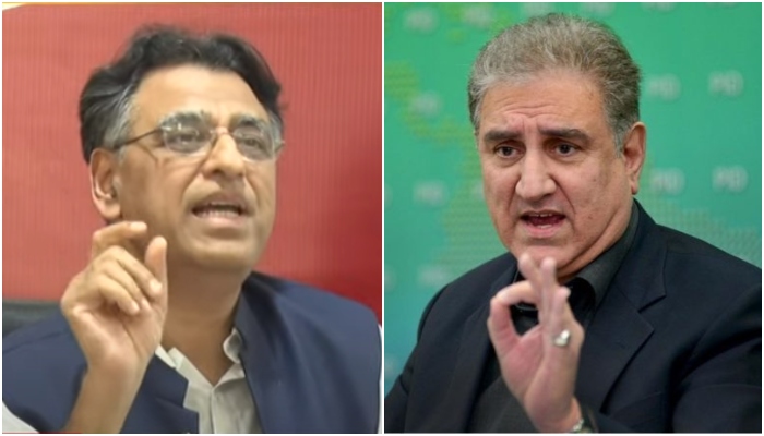 Former planning minister Asad Umar (L) and former foreign minister Shah Mahmood Qureshi. — YouTube screengrab/ APP