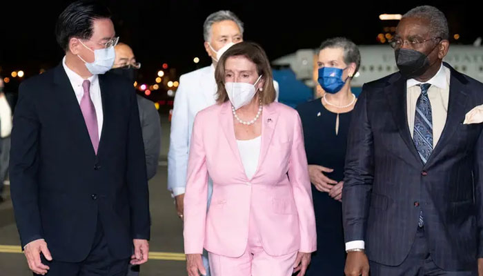 House of Representatives Speaker Nancy Pelosi lands in Taiwan along with her delegation on Tuesday. Photo: AFP